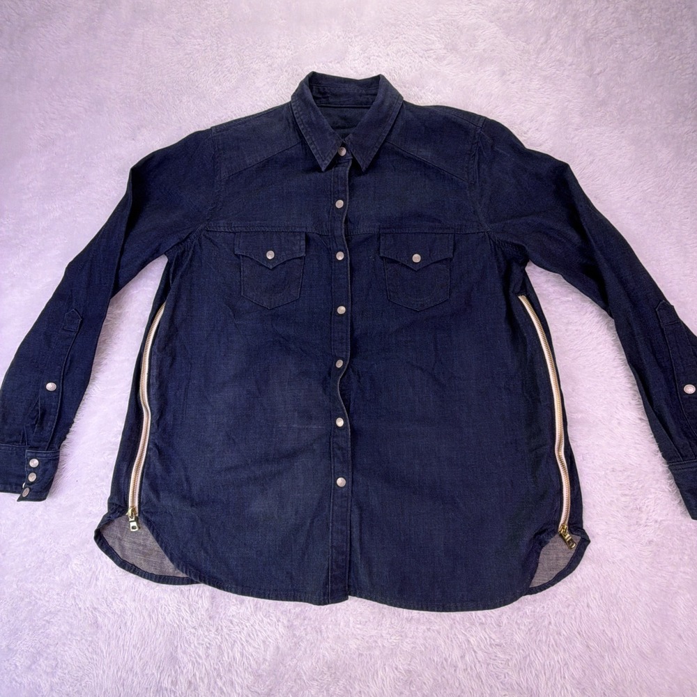 True Religion Western Denim Shirt Womens S *Custom Side Zippers* Branded Snap
